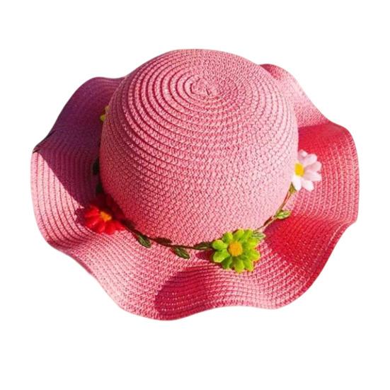 

Children Sun Hat Wide Brim UV Protection Straw Hat with 3D Flowers Decor Lightweight Foldable Summer Beach Cap