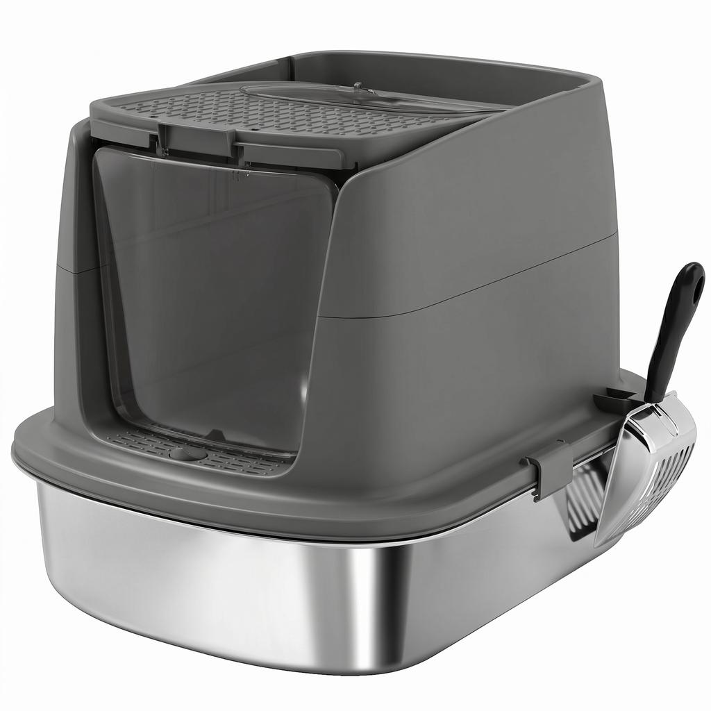 Large Stainless Steel Litter Box, Enclosed Metal Cat Litter Tray with Scoop, Deodoriser Bag, Front-Entry and Top-Exit