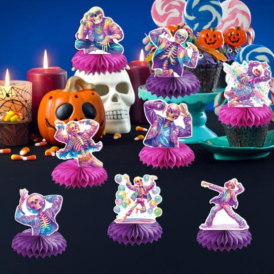 8 Pcs Halloween Disco Skeleton Honeycomb Centerpiece Glitter 80s Disco Skeleton Tabletop Honeycomb Ornament for Halloween Party Home Room Desk Decor