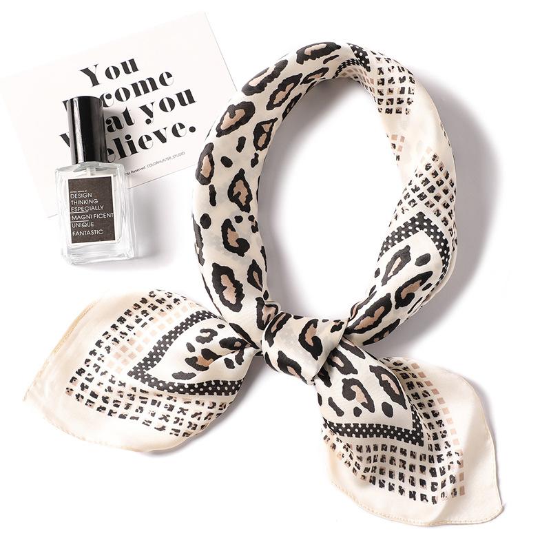European and American Classic Leopard Print Scarf Simulation Silk Small Square Scarf Women's Professional Scarf Large Grid Simple and Versatile Small