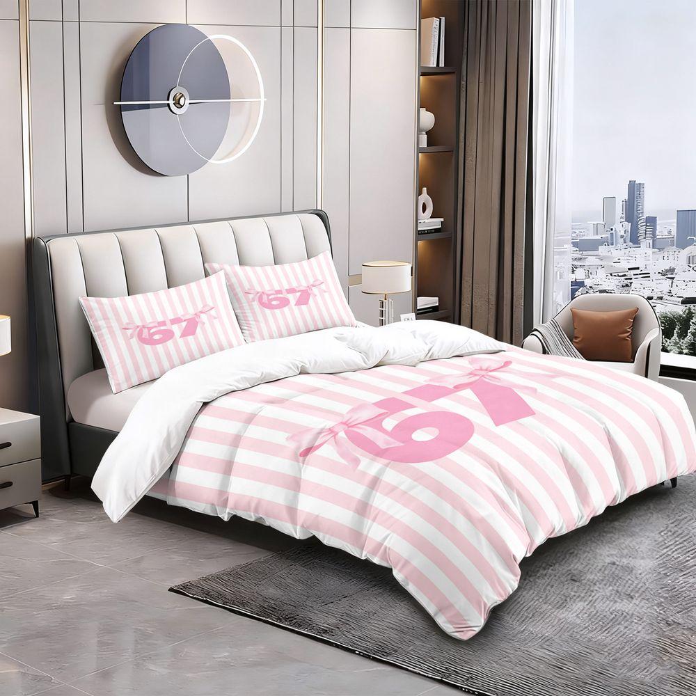 Cute Pink Bows Number 67 Print Duvet Cover Set (1 Duvet Cover & 1/2 Pillowcase) Soft Pastel Aesthetic Bedding Set for Girls Room