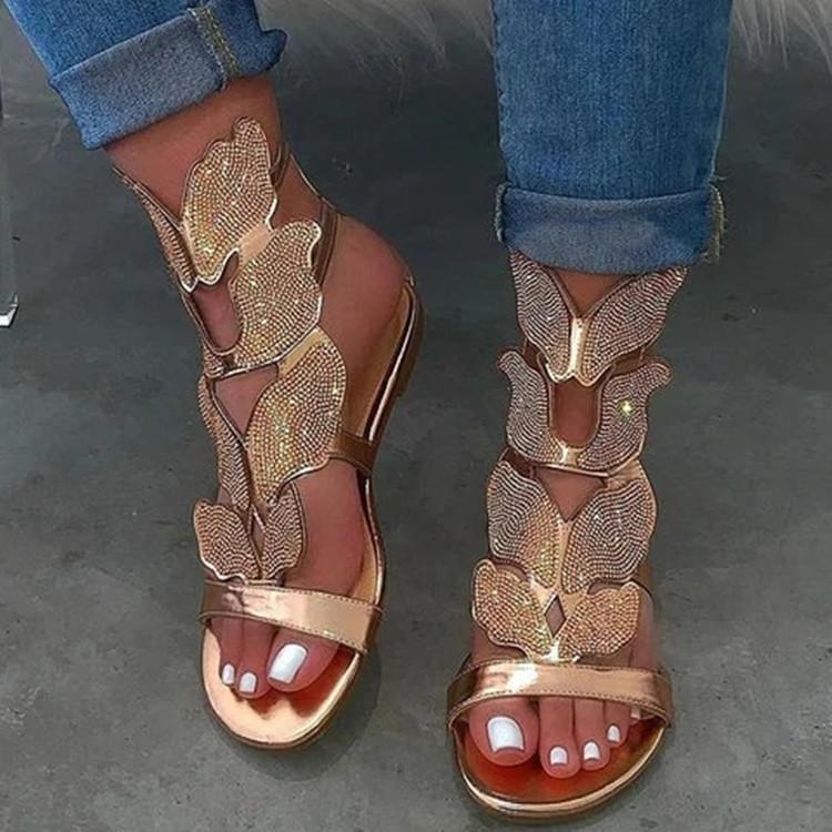Large size rhinestone sandals women's 2025 new summer one-word flat-bottomed butterfly rhinestone sandals wish2025