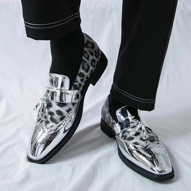 Fashion Metallic Leopard Print Color Glossy Finish Leather Casual Slip on Non-slip Men Fashionable Men's Party Dance Stage Loafer Shoes