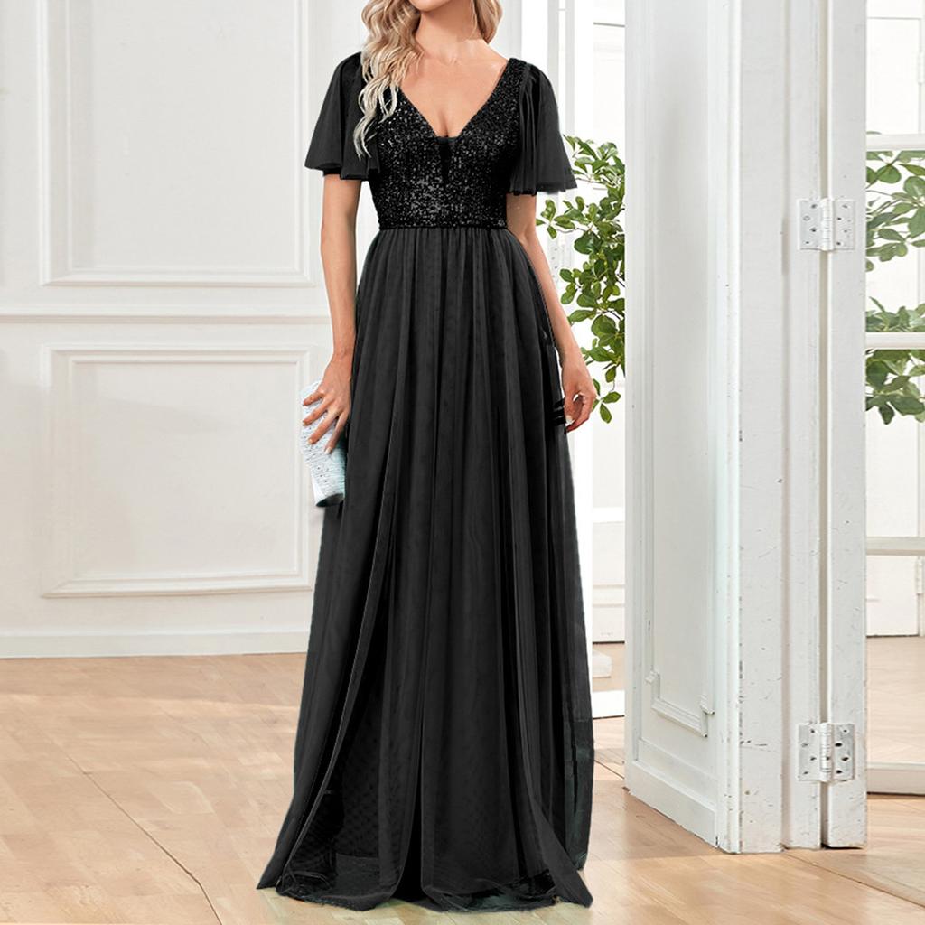 Evening Dress Banquet Mesh Long Swing Dress V-neck Sexy Short-sleeved Long Dress
