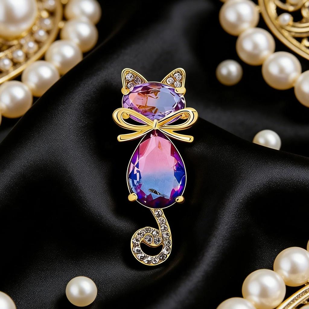 Exquisite Colorful Crystal Cat Shining Brooches Luxury Women Decoration Boutique Kitten Animal Rhinestone Coat Clothes Pin