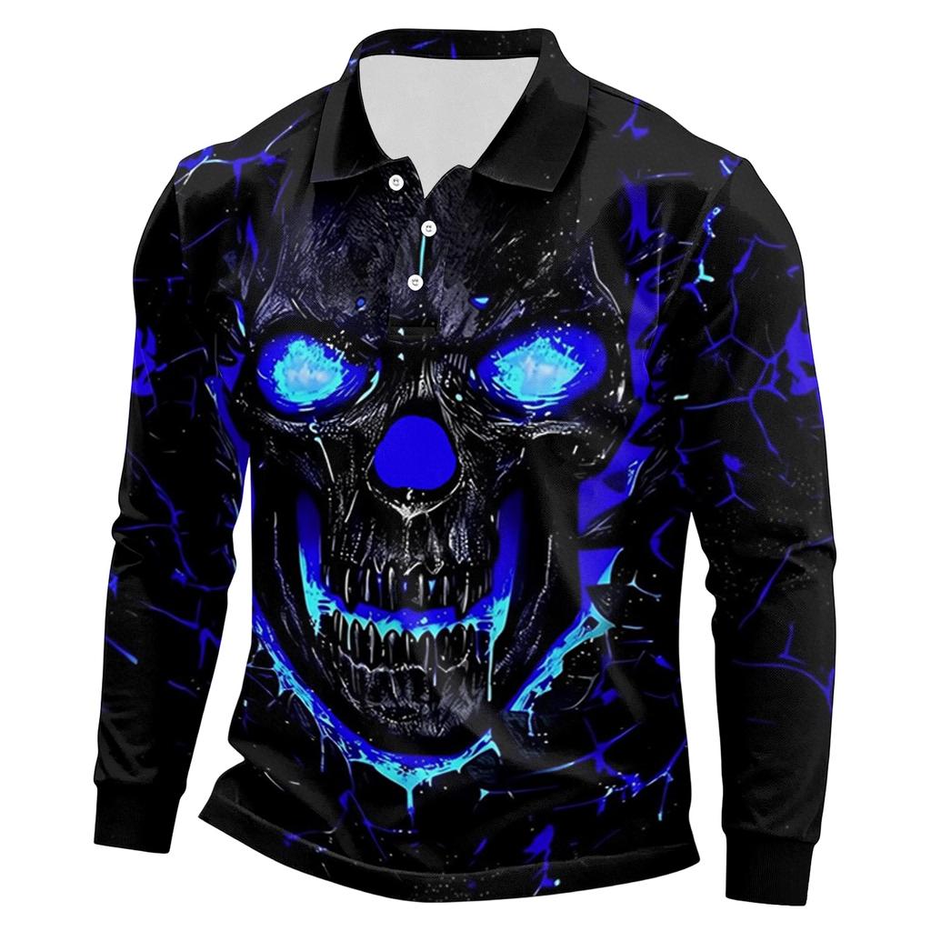 Men's Long Sleeve Mesh Shirt with Collar and Halloween Print Lightweight Breathable Top for Fall