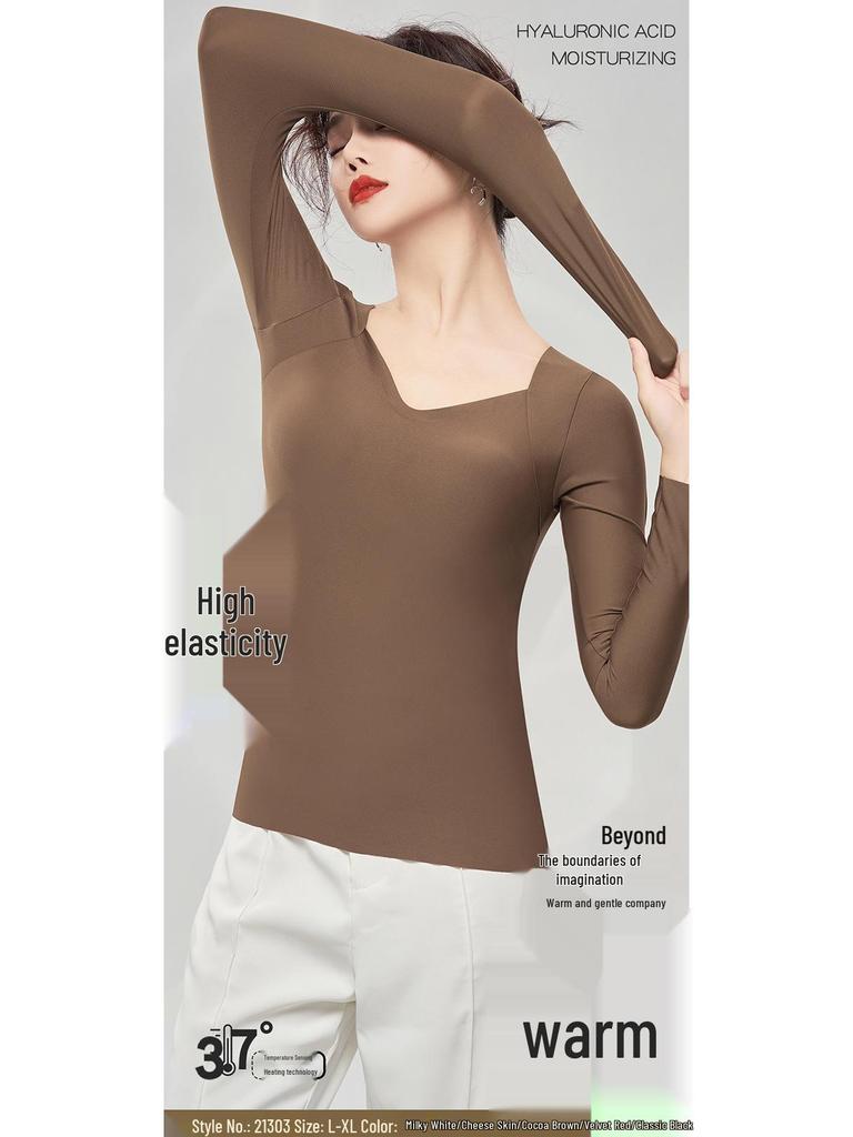 Hyaluronic Acid Skin-Beautifying Long Sleeve Top with Chest Pads - Warm, Seamless Base Layer for Autumn and Winter