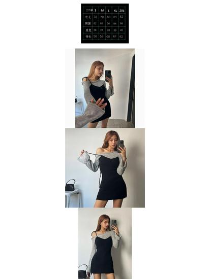 Korean Dongdaemun Elegant Faux Two-Piece Off-Shoulder Patchwork Slim Fit Dress for Autumn/Winter.
