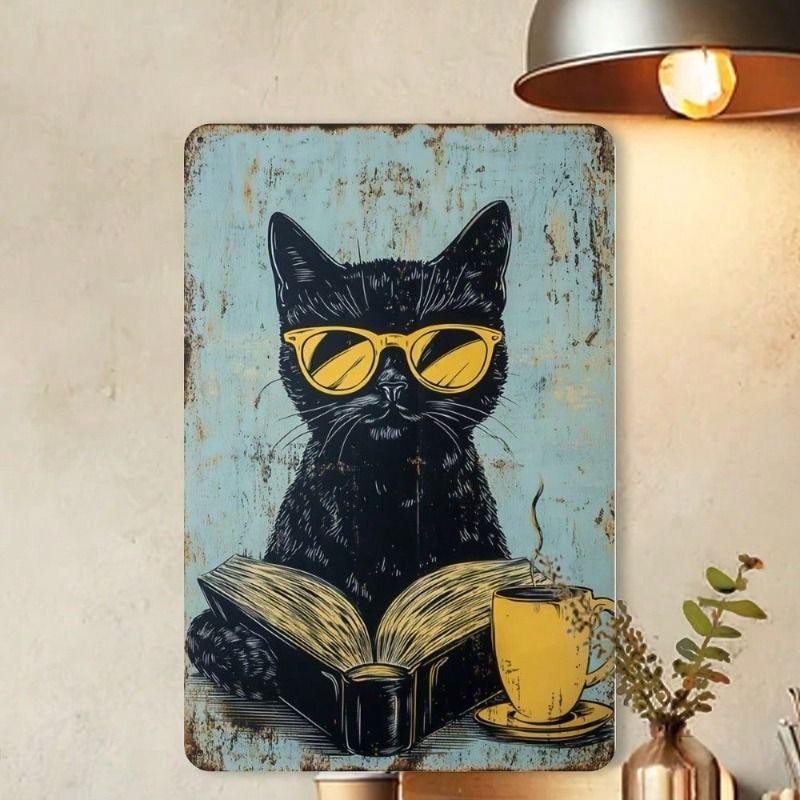 Vintage Cat with Glasses Book Metal Poster Wall Art for Home Cafe Bar Garage