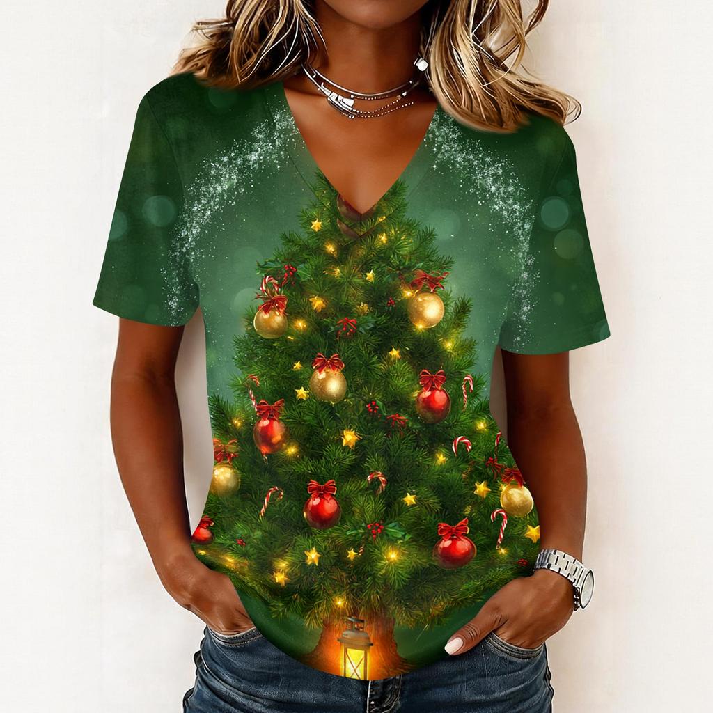 Women's Casual Short Sleeve V-Neck Christmas Print Pullover Top