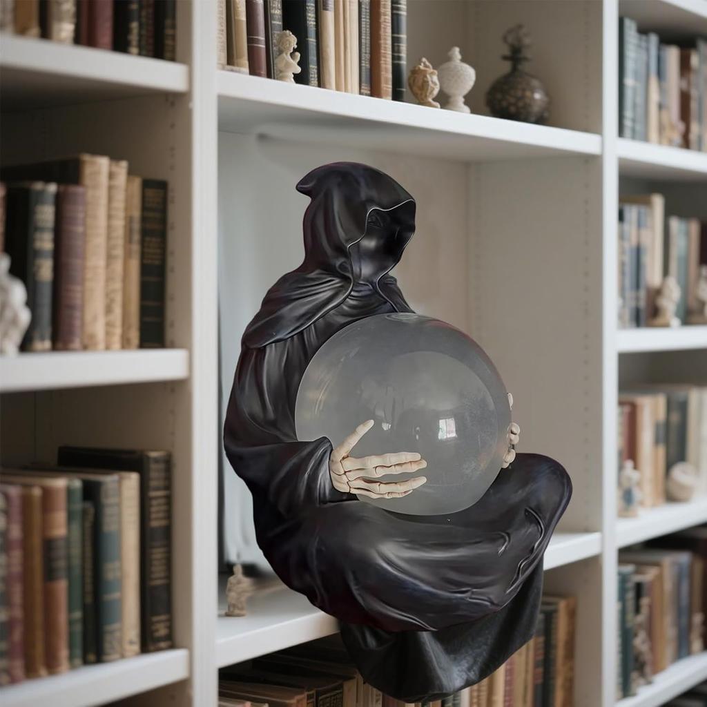 The Death God's Crystal Ball Sculpture Gothic Black Robe Death God Ornaments Resin Statue Crafts Halloween Home Decor
