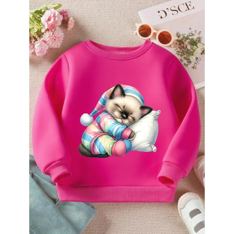 Girls' Pastel Cat Print Sweatshirt - Soft Pastel Pink & Blue Sleeper Design, Cozy Loose-Fit Long Sleeve Crewneck