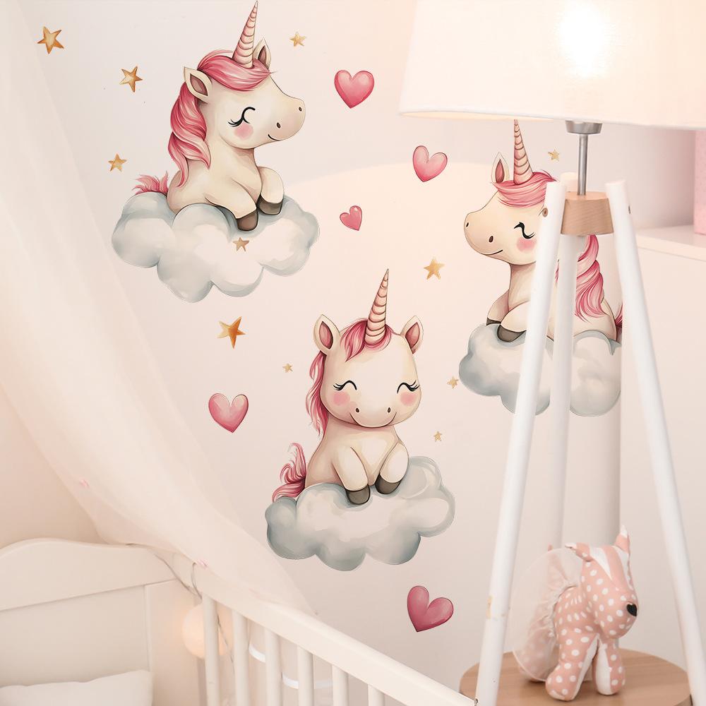 Adesivo da Parete Carino Unicorno Cuori Nuvole Autoadesivo Rimovibile Camera da Letto Soggiorno Corridoio Dormitorio Decorazioni per la Casa Arte
