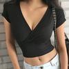 Summer Cross V-Neck Short Sleeve Crop Tops Women's Solid Color Sexy Slim Fit T-Shirt Outcrop Casual Simple Streetwear Women's Casual Top Clothing