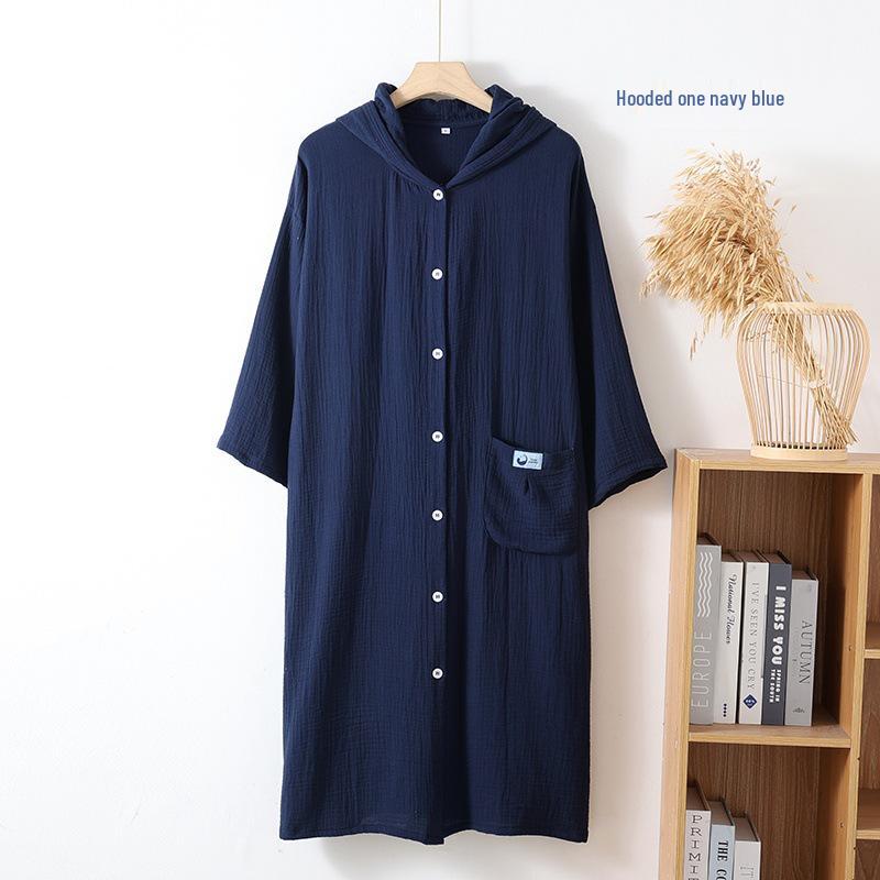 Double-Layer Gauze Cotton Hooded Cardigan Robe Pajamas