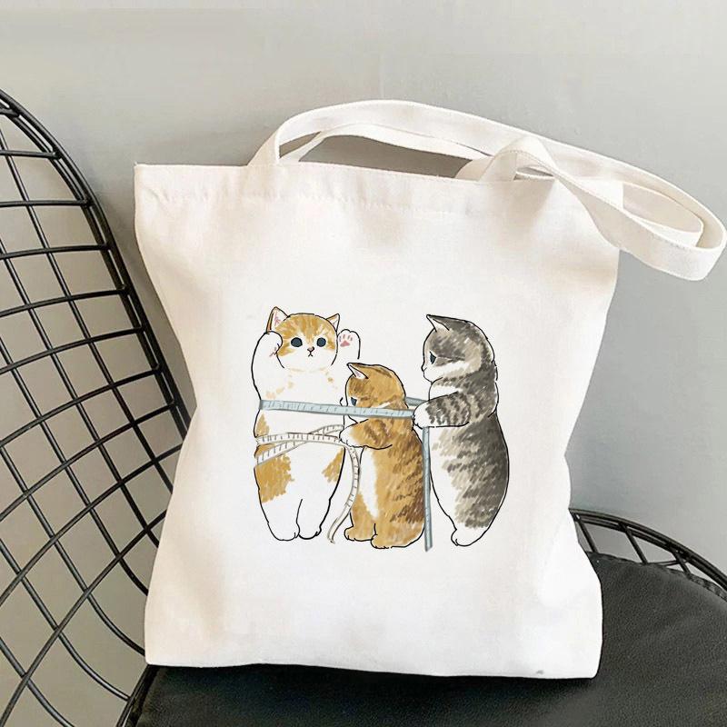 Whimsical Cat On Bicycle Canvas Shoulder Tote - Cute Print for Students and Shopping