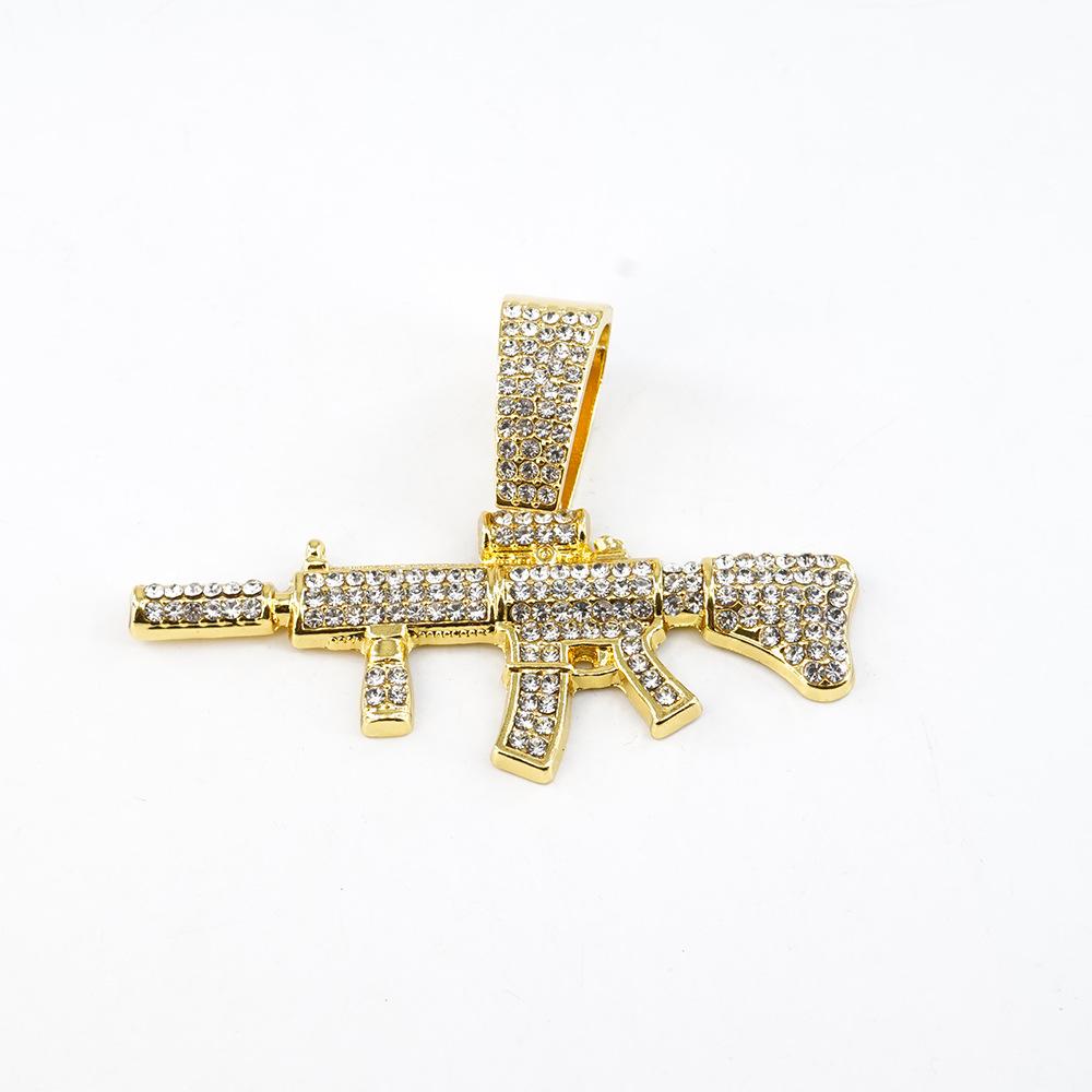 Exaggerated Punk Full Diamond Long Gun Pendant Personalized Street Dance Wear Cuban Chain Nightclub Alloy Gun Necklace