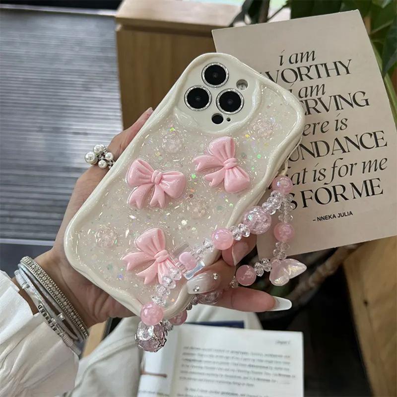Bow Glitter Adhesive Phone Case for IPhone 16 Pro Glitter for Apple 17 All Inclusive Anti Fall Cream Style