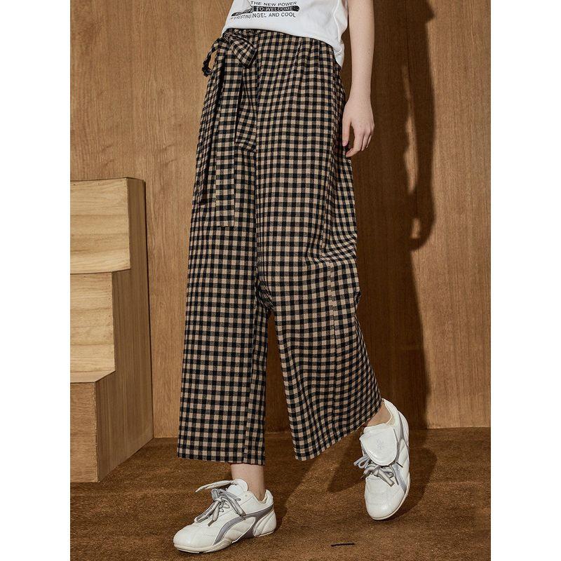 Coolhut High-Waisted Casual Plaid Wide-Leg Pants for Women, Retro Design, Simple and Elegant, 2025 Summer Casual Pants