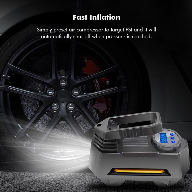 Portable Air Compressor Tire Inflator Bright Emergency Flashlight For Travel Boat Car Tire Pump Pressure Gauge (150 Psi 12V DC)