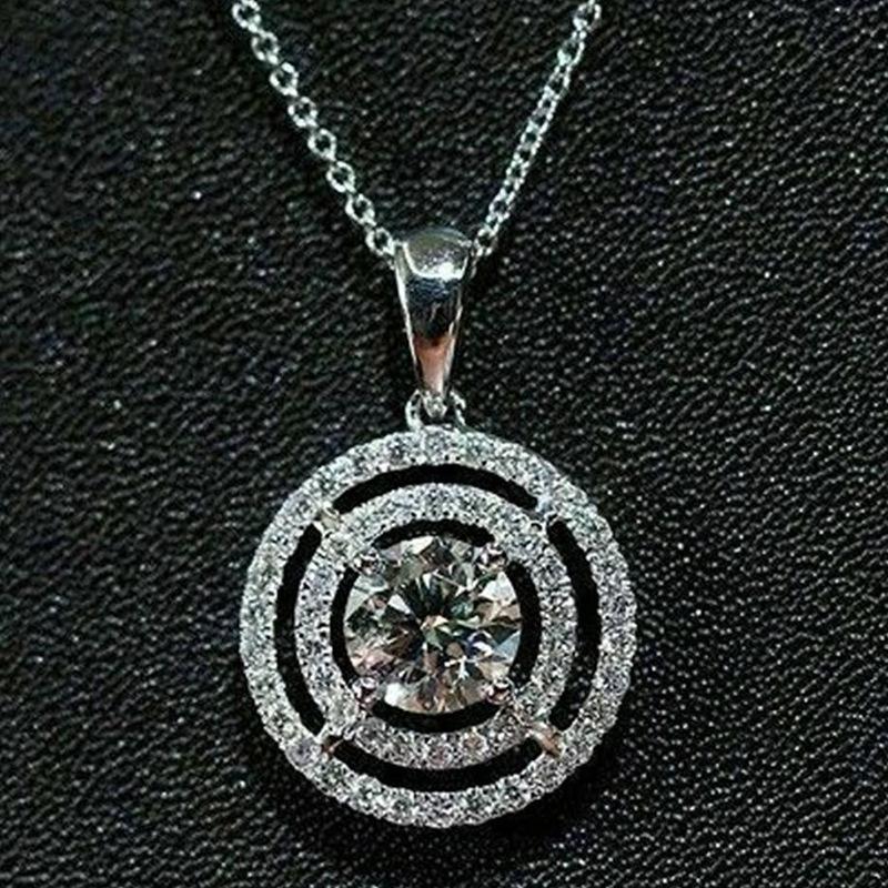 Double Layer Hollow Round Full Paved Cubic Zirconia Center Stone Pendant Necklace