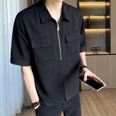 Pánské cargo tričko s poloviční zipem, náprsním rukávem, kapsami a krátkým rukávem, volným jednobarevným svetrem, streetwear
