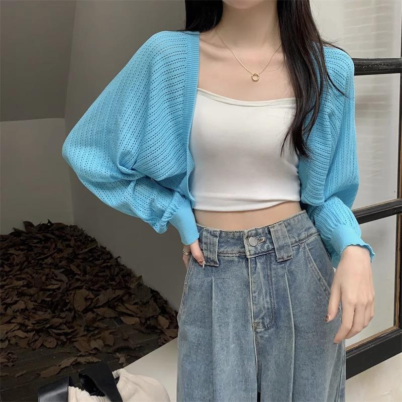 

Lantern Sleeve Ice Silk Knitted Cardigan for Women Summer Thin Loose Fit Outerwear with Slip DressSun Protection Cover-Up One Size синій
