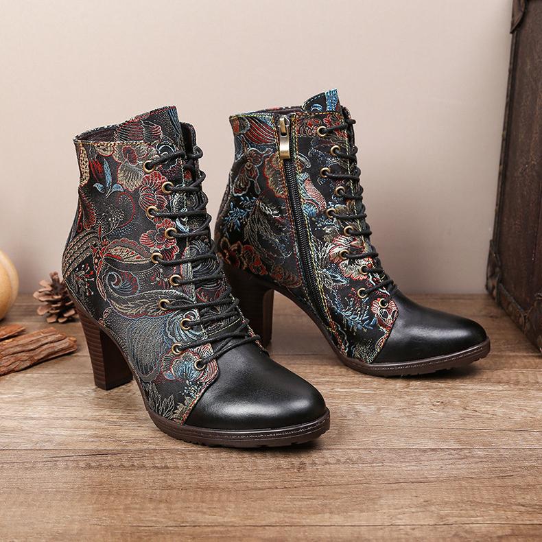 Johnature Bokacsizma Női cipő Valódi bőr etnikai stílusú hegyes orrú, kézzel készített divatos magassarkú modern csizma