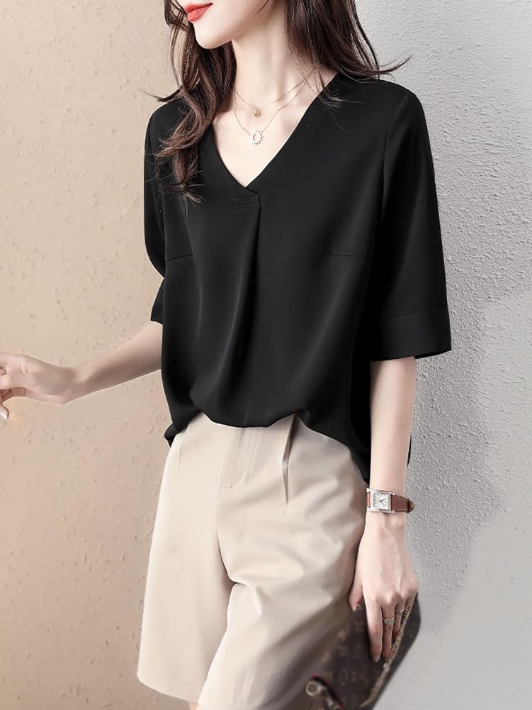 Blouse Summer Top Short Sleeve Loose Fit Outerwear Feminine Chiffon Shirt Pullover Plain Adult Elegant Clean Stylish Casual Formal Commuting OL [H.