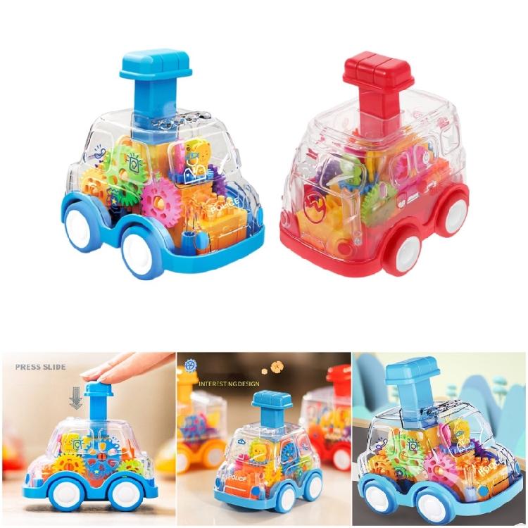 2PCS Friction Toy Pull Back Vehicle Transparent Body Working Gear Press and Go Sliding Car Educational Toy For Toddler