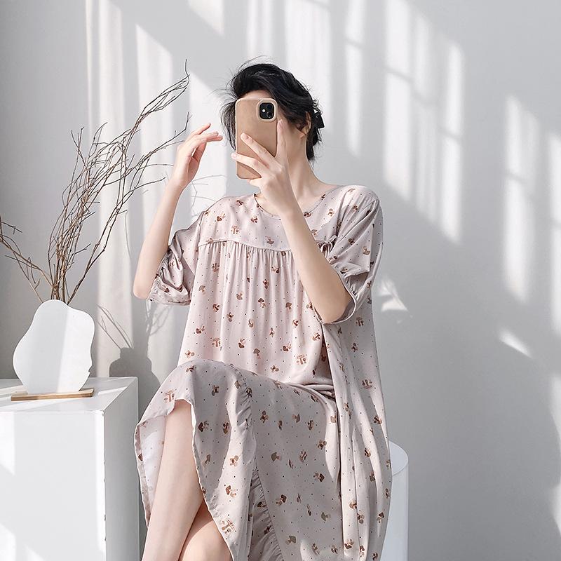 New cotton silk nightdress short-sleeved loose spring and summer loungewear casual loose dress lazy style woman