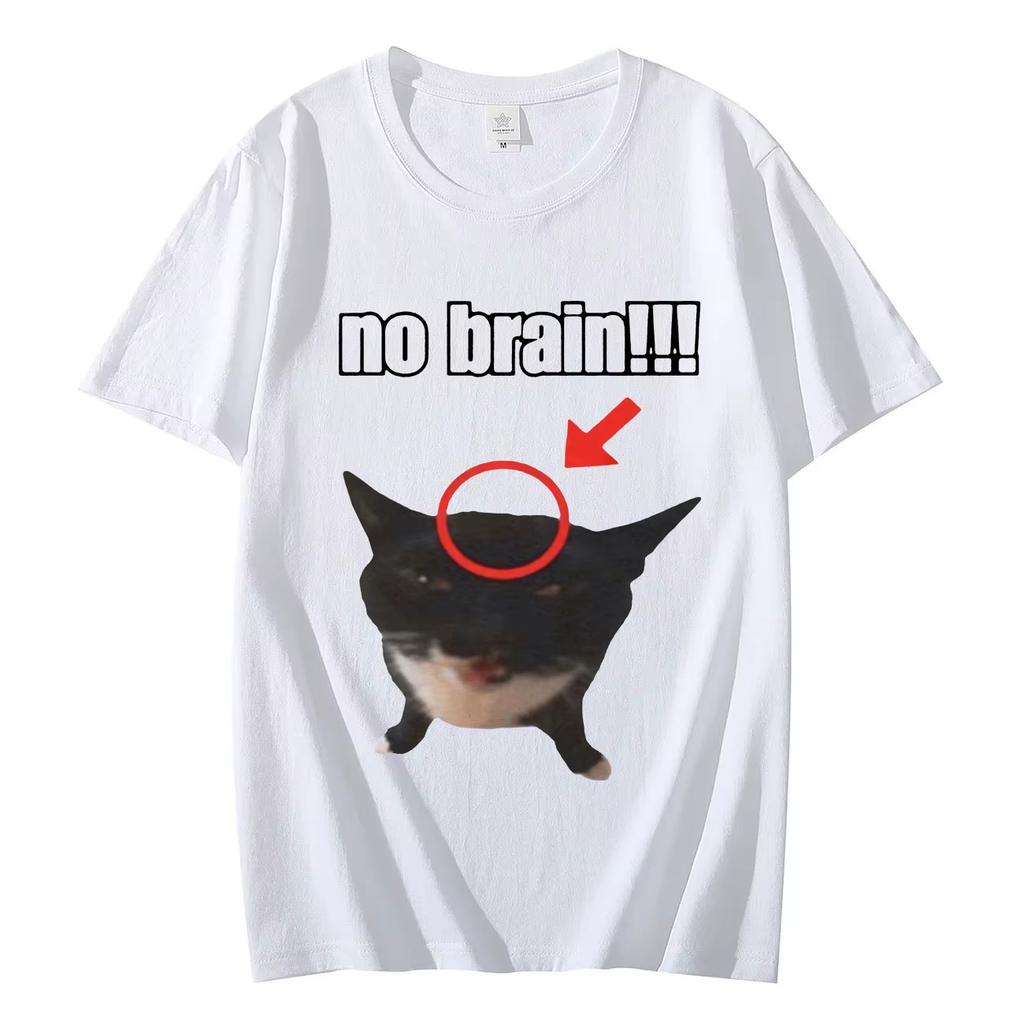 No Brain Funny Cat Graphic T Shirts Men's Women Fashion Oversized O-Neck T-shirts Casual Lightweight Breathable and Comfortable Clothes