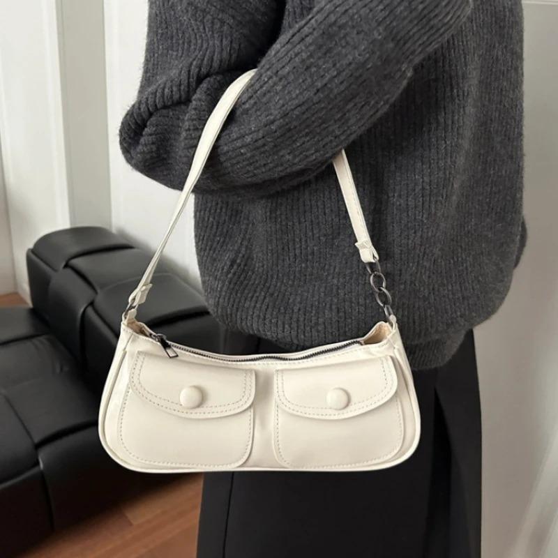 Vintage Double Pocket Design Shoulder Bags for Women Solid Color Ladies Pu Leather Underarm Bag Simple Portable Female Handbags
