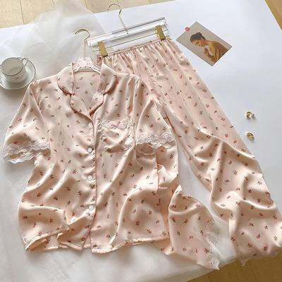 Premium Eis seide Pyjama Damen Sommer Leichter Luxus Dünn Kurzärmelig Dreiteilig Süßes Zuhause Set