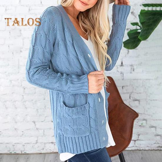 Dámský svetr bunda s dlouhým rukávem, zapínání na knoflíky, zimní kabát s kapsou, jednobarevný svetr s volným střihem