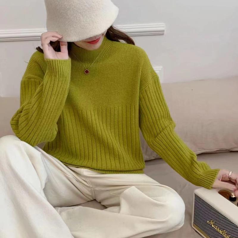 Solid Color Pit Strip Semi-turtleneck Soft Waxy Pullover Knitted Sweater Autumn and Winter New Simple Casual Style Bottoming Sweater Women