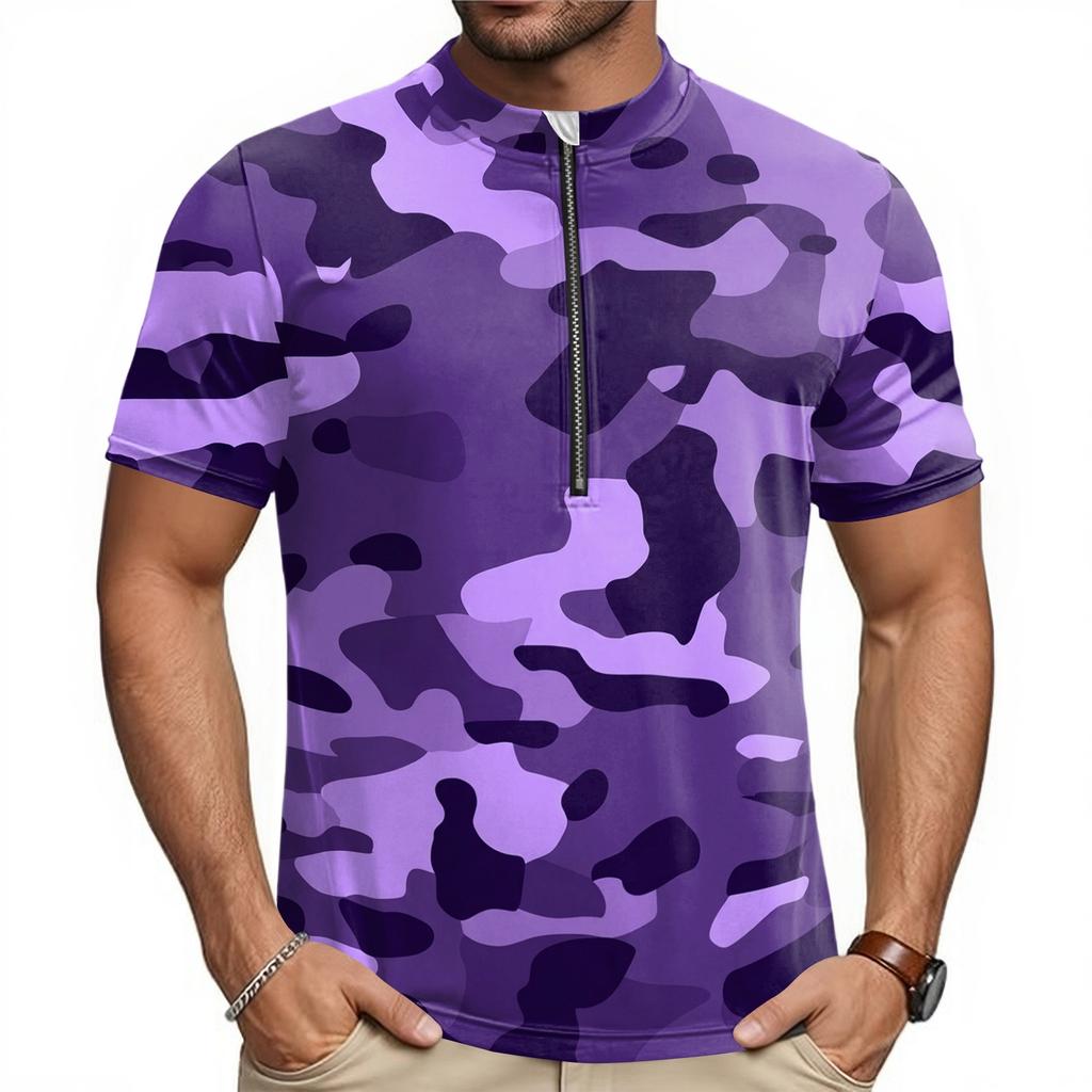 Men's Short Sleeve Cycling Jersey Breathable Quick Dry Half Zip Up Front Round Neck Lightweight Sportswear for Outdoor Riding