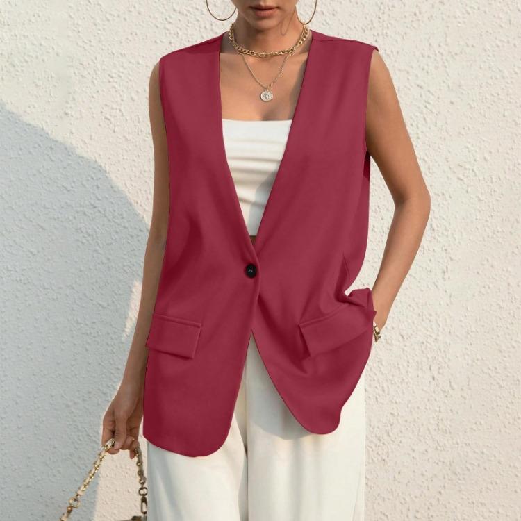Women's Casual Summer Work Suit Vest Sleeveless V Neck Single Button Solid Color Jacket