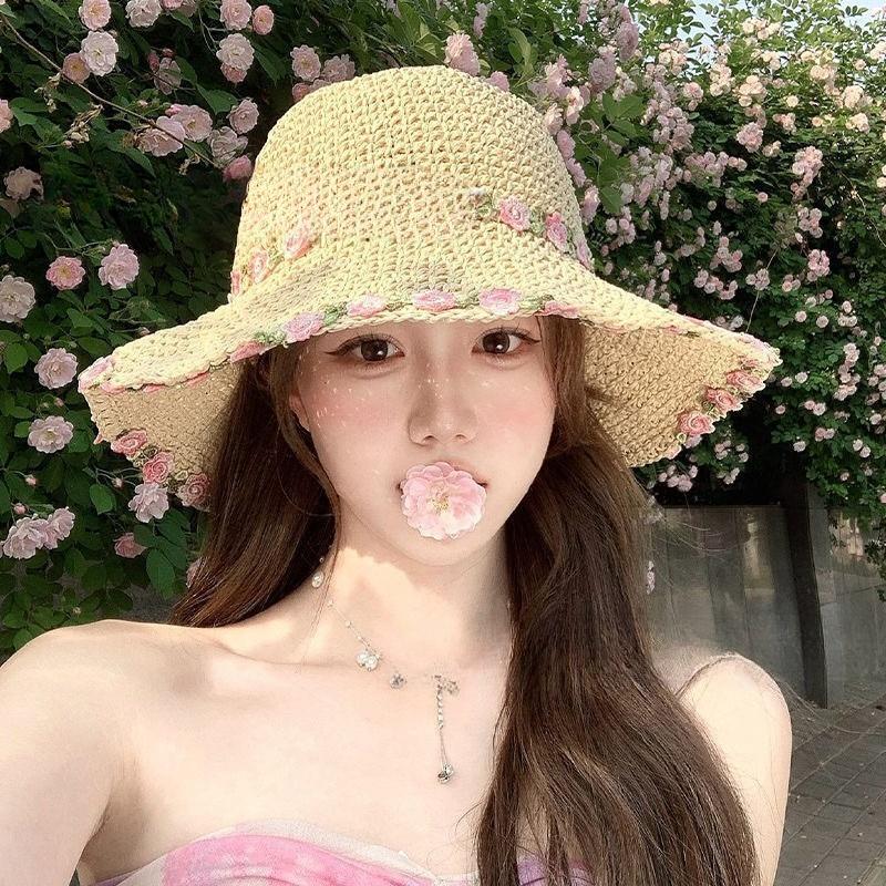 Ethnic Style Big Brim Straw Hat Women's Summer Seaside Vacation Beach Hat Sunshade Sunscreen Bucket Hat Straw Sun Hat