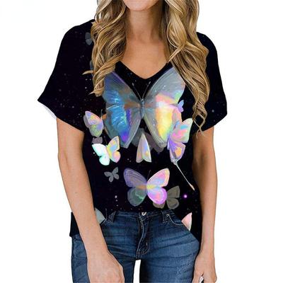 Moda Primavera Blusas Estampadas com Borboletas Manga Curta Decote em V Camisetas Casuais