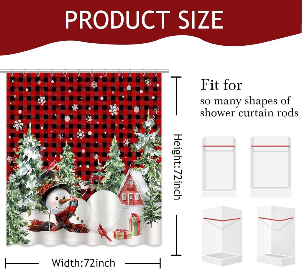 Merry Christmas Shower Curtain Cute Snowman Shower Curtain With 12 Hooks Red Buffalo Check Plaid Xmas Trees Winter Snowflake