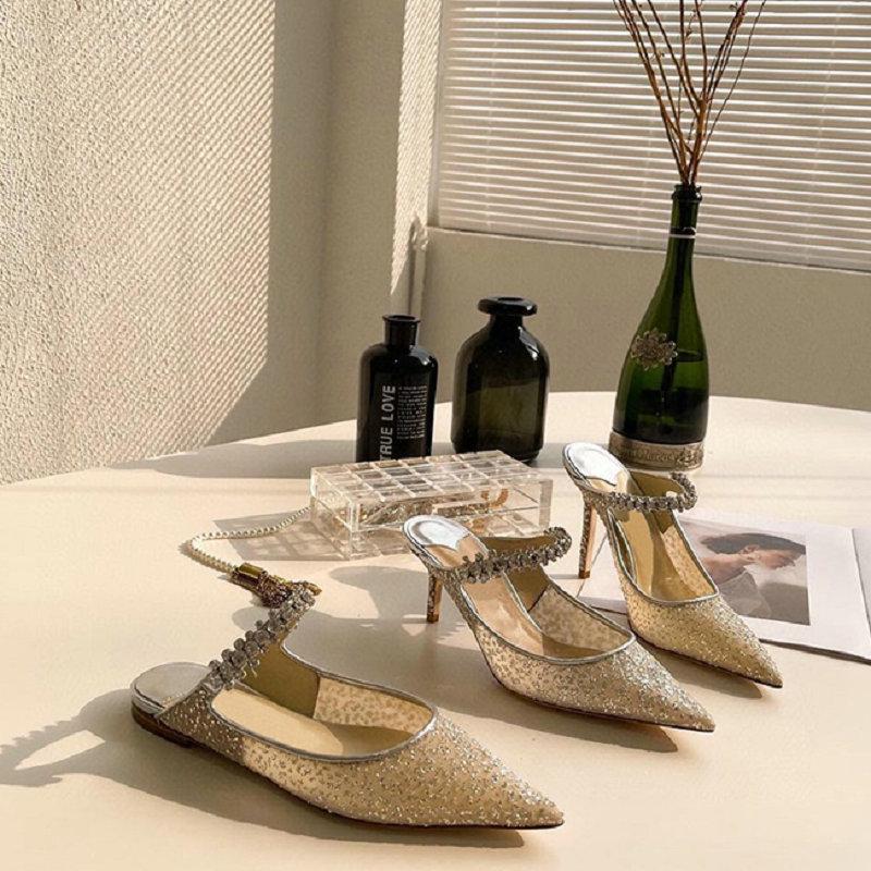 Fashion Celebrity Diamond-Chain Muller Shoes 2025 Summer New Pointy Mesh Sequin Fine Heel One-Line High-Heeled Sandals