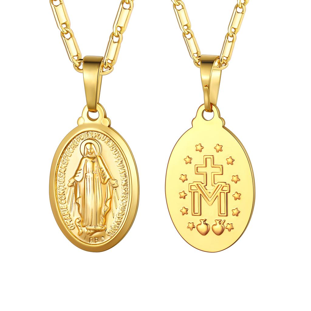 U7 Vigin Mary Necklaces 22" Chain 3D Embossed Vigin Mary Oval Coin Pendant Medallion Religious Christian Dainty Jewelry Gift