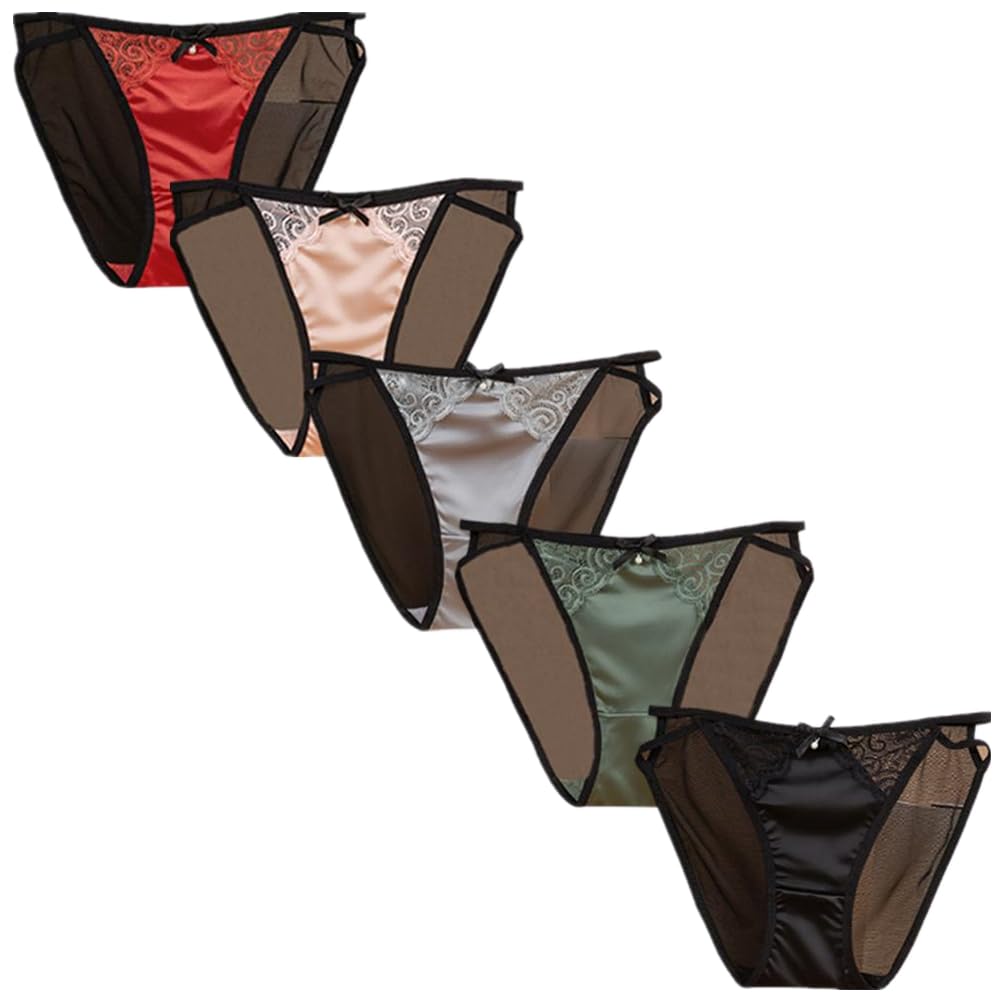 

TUOTISI Satin Panties with Regular Ribbon and Sheer Sexy Lingerie Lucky Set Women s Full-Back Lace, Hips, Bag, 5-Piece (Size L)