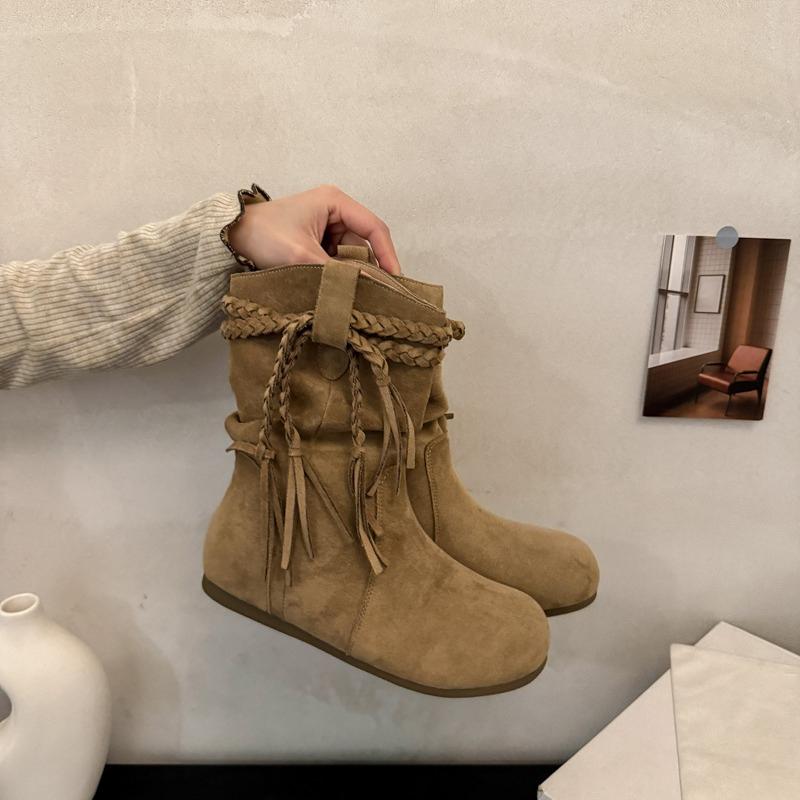 Fashion Flat Single Boots Autumn New Round Toe Suede Sleeve Soft Sole Anti-Slip Wear-Resistant Booties