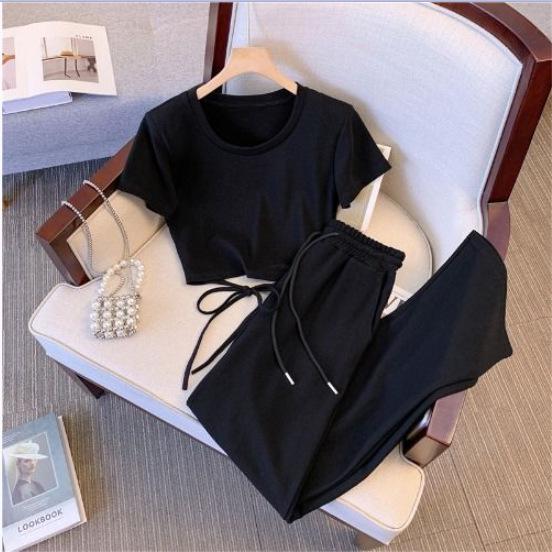 

Net Celebrity Women s Ice Silk Two-Piece Set: Summer Drawstring High-Waist Draped Wide-Leg Pants & Solid Color Short-Sleeved T-Shirt S
