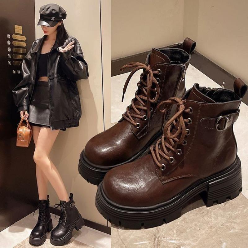 Black Martin boots women's new autumn and winter velvet boots lace-up thick-soled handsome locomotive short boots