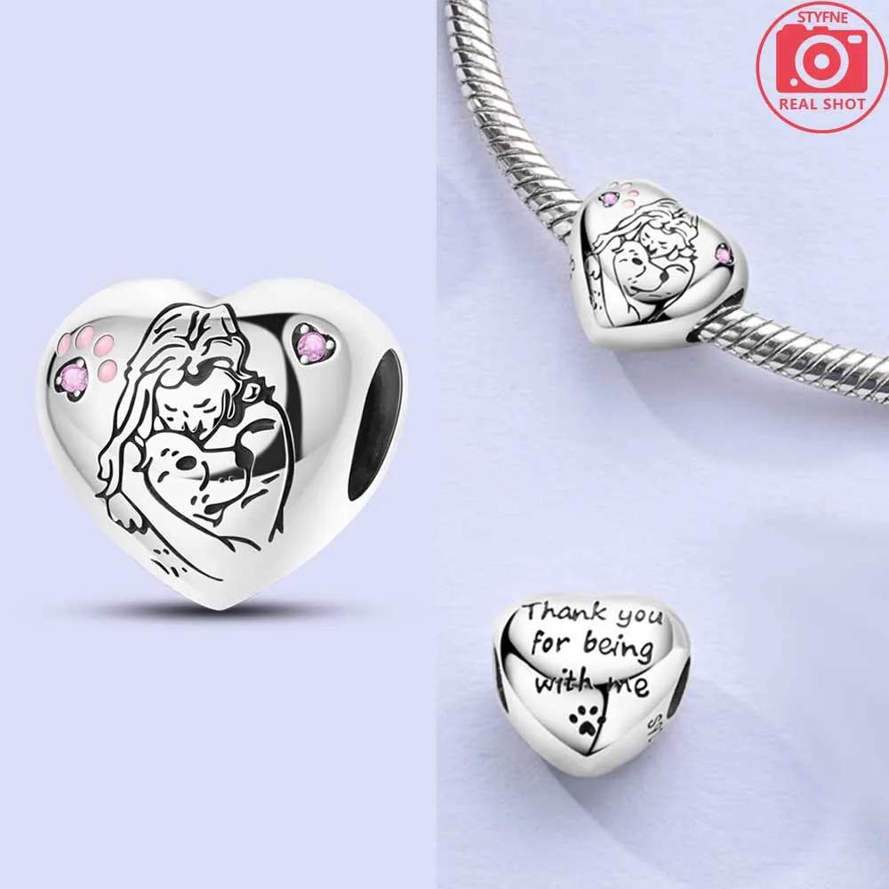 Copper Bracelet Jewelry Diy Accessories Beads Original Pink Zircon Hollow Out Heart Engraved Girl With Cat Hug Dog Paws Bead