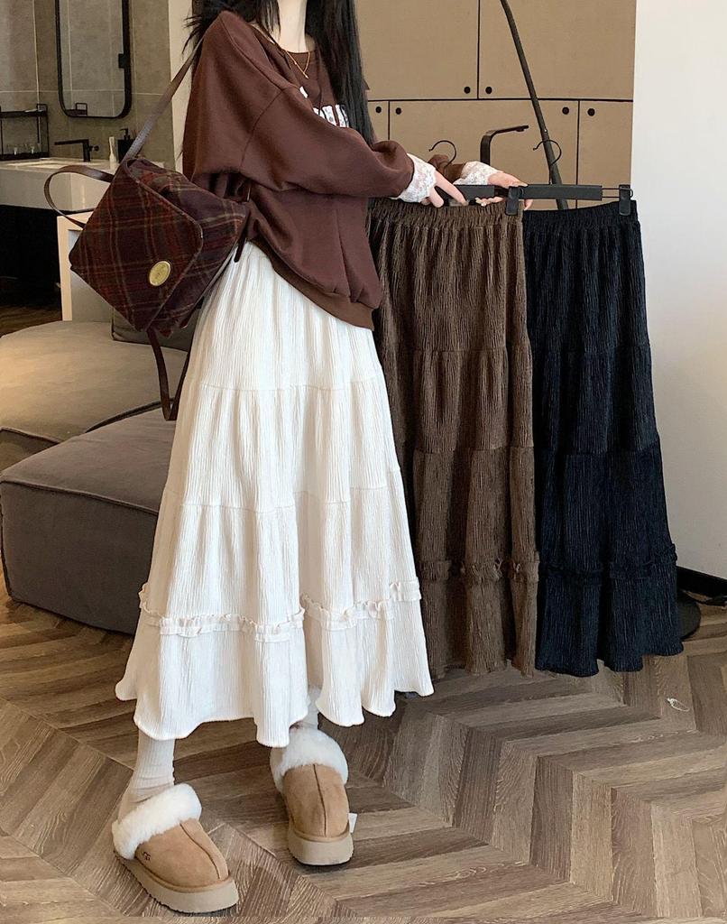 Women's High Waist Corduroy A-Line Mid-Length Skirt with Lace - Autumn/Winter 2025
