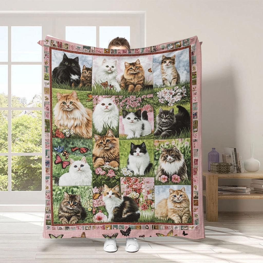 Vintage Pet Cat Digital-printed Polyester Bedroom Velvet Flannel Soft Sofa Cover Blanket Fleece Soft Cover Blankets for Beds